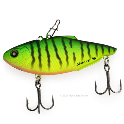 Nishine Lure Works Simcoe Lipless Crankbait in the color Matte Hot Tiger in its packaging on a white background
