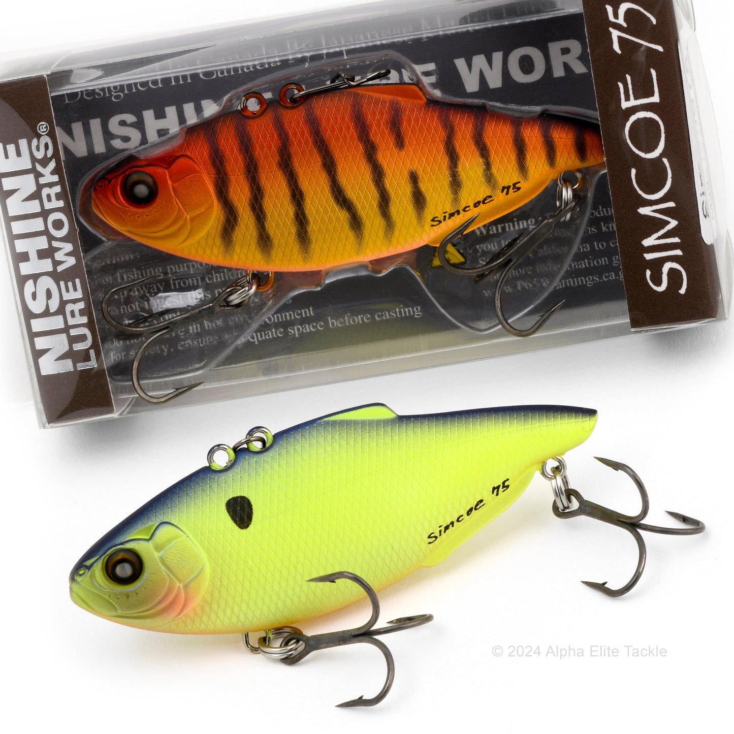 Two fishing lures, one orange with black stripes and one yellow with black spot, on a white background.
