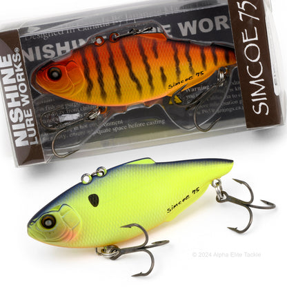 Two fishing lures, one orange with black stripes and one yellow with black spot, on a white background.
