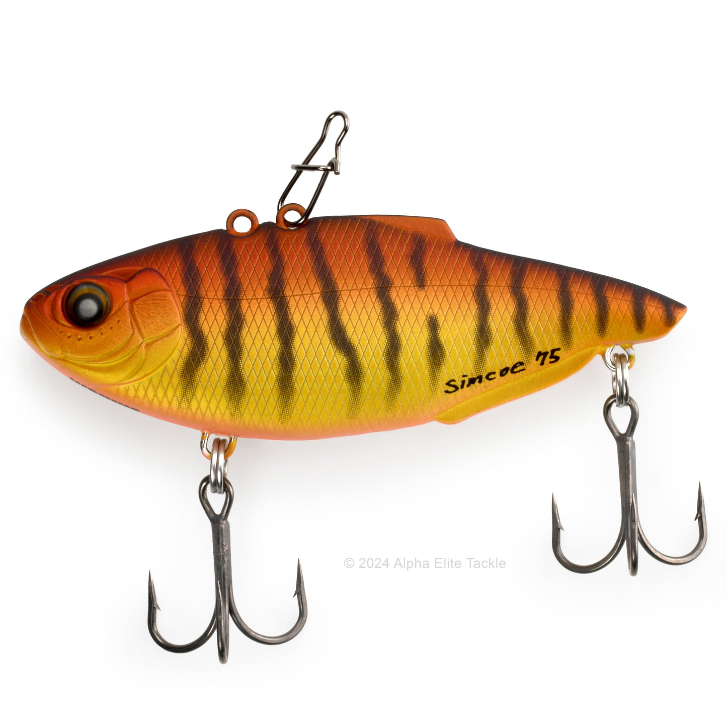 Nishine Lure Works Simcoe Lipless Crankbait in the color Matte Orange Tiger in its packaging on a white background
