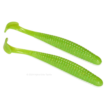 Close up of the Noike Smokin Swimmer Boot Tail Swimbait in the color Chartreuse on a white background