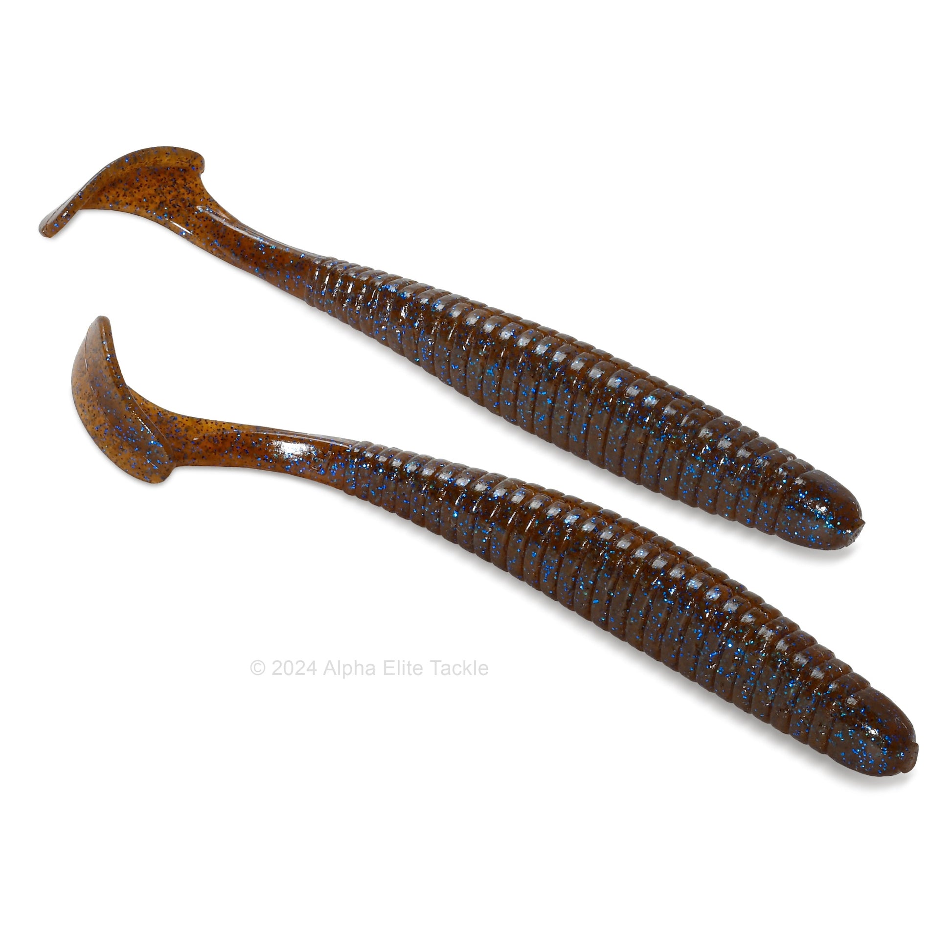 Close up of the Noike Smokin Swimmer Boot Tail Swimbait in the color Cinnamon Blue on a white background