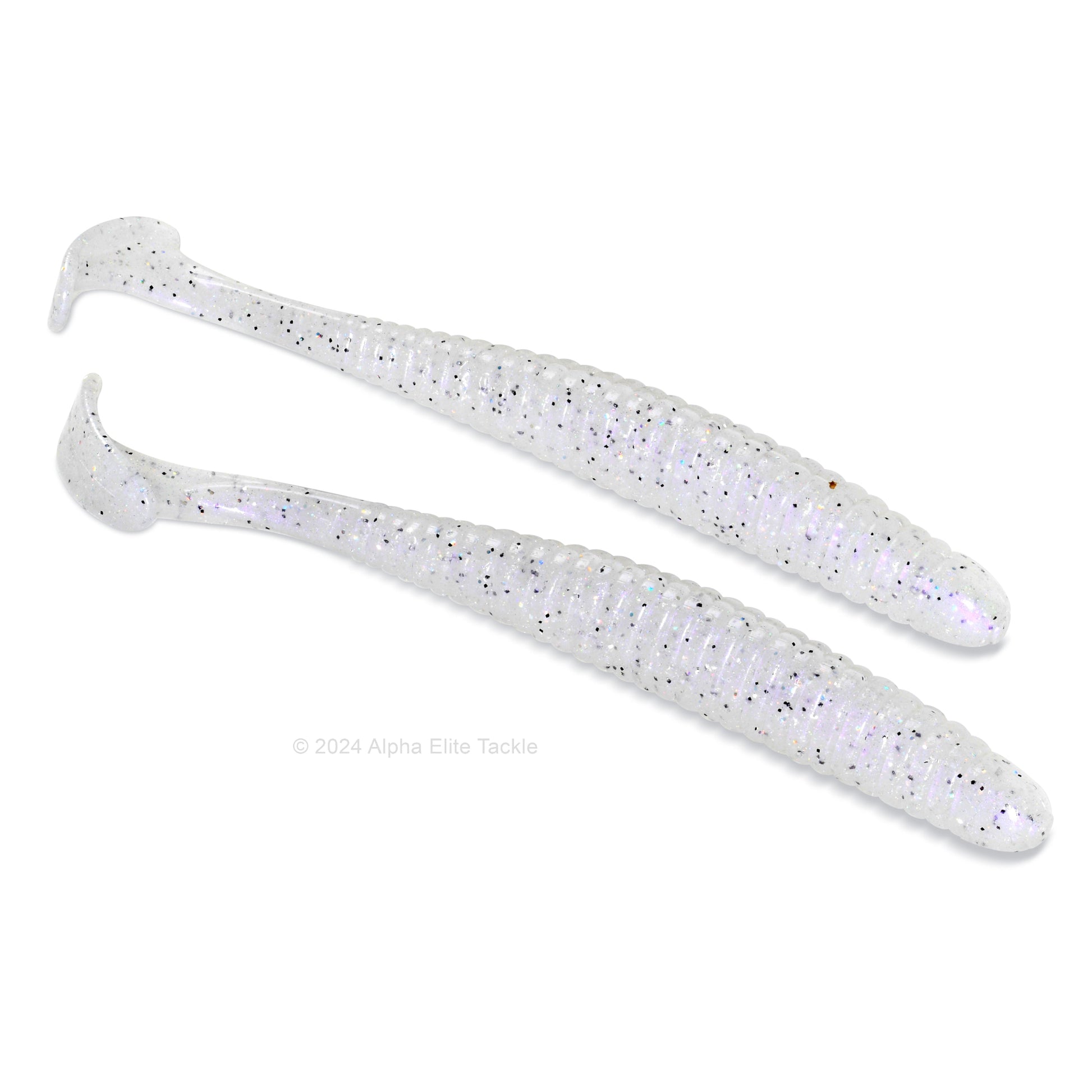 Close up of the Noike Smokin Swimmer Boot Tail Swimbait in the color Clear Wakasagi on a white background