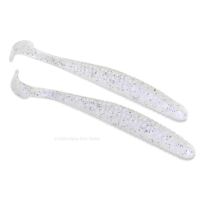 Close up of the Noike Smokin Swimmer Boot Tail Swimbait in the color Clear Wakasagi on a white background