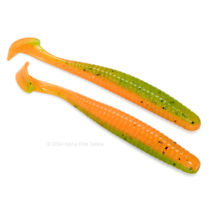 close up of two noike smokin swimmer swimbaits in the color fire tiger