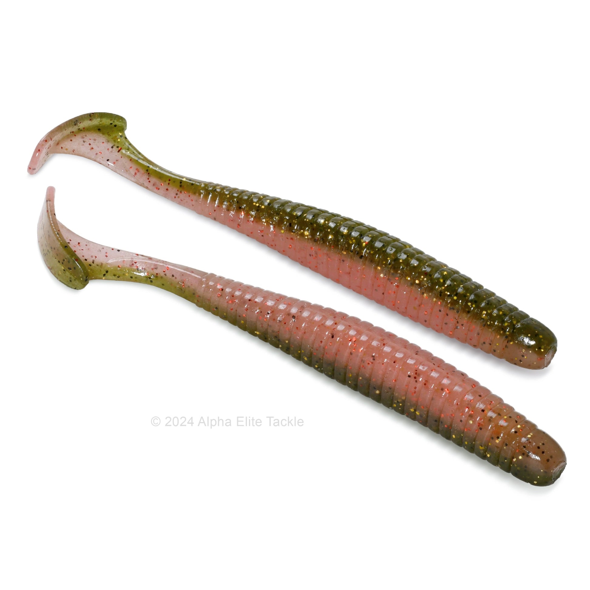 Close up of the Noike Smokin Swimmer Boot Tail Swimbait in the color Green Pumpkin Blossom on a white background