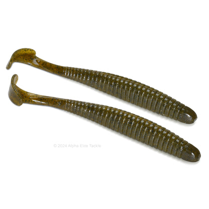 Close up of the Noike Smokin Swimmer Boot Tail Swimbait in the color Green Pumpkin on a white background