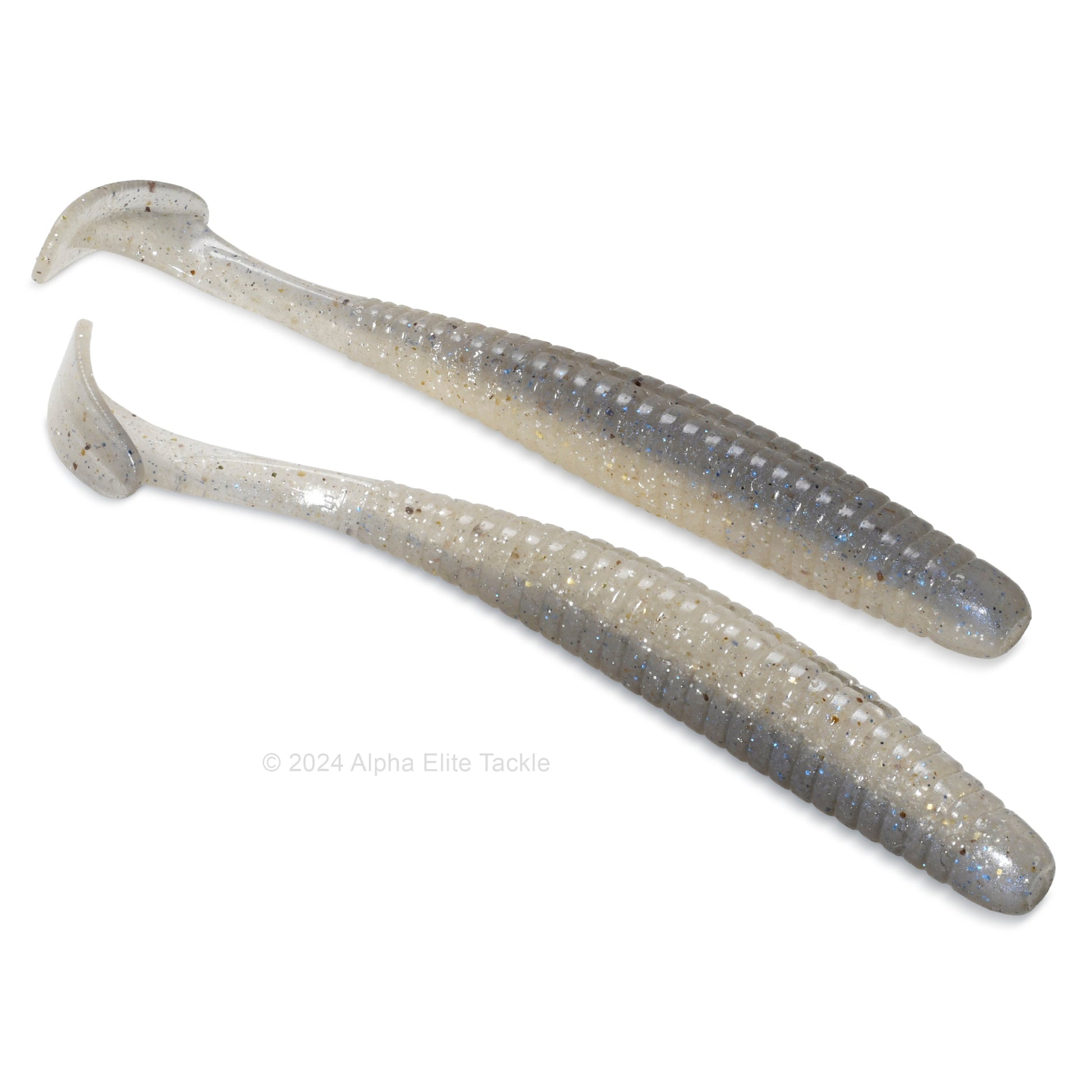 close up of two Noike Smokin Swimmer swimbaits in the color Prism Minnow 