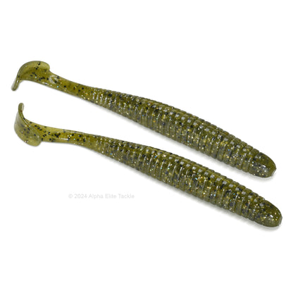 Close up of the Noike Smokin Swimmer Boot Tail Swimbait in the color Rainbow Melon on a white background