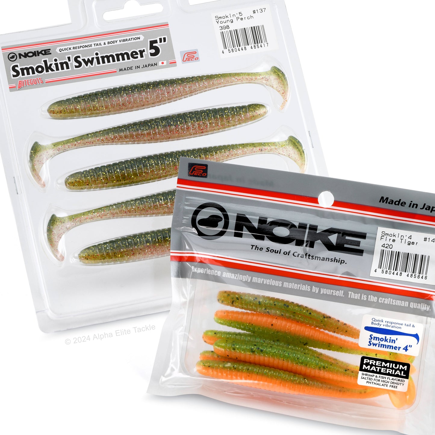 Two packages of the Noike Smokin Swimmer Boot Tail Swimbait on a white background