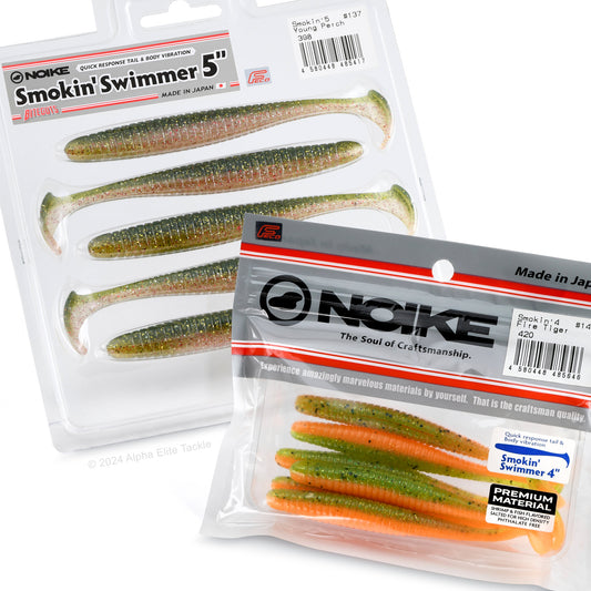 Two packages of the Noike Smokin Swimmer Boot Tail Swimbait on a white background