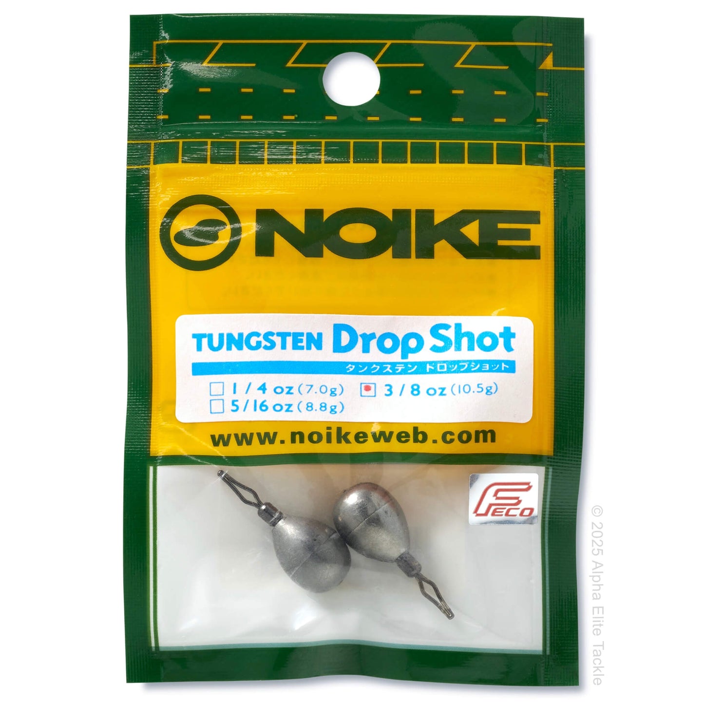Packaged Tungsten Drop Shot by NOIKE with two weights inside on a white background