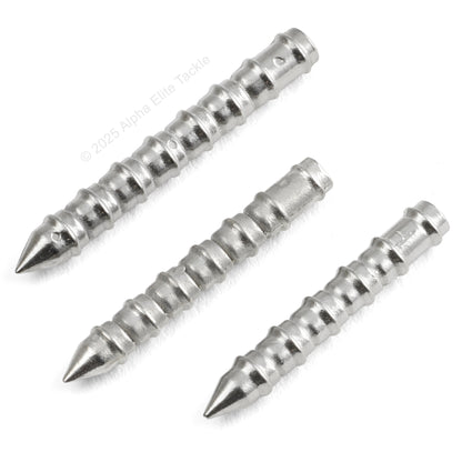 close up of 3 NOIKE Tungsten Nail Sinkers on a white background