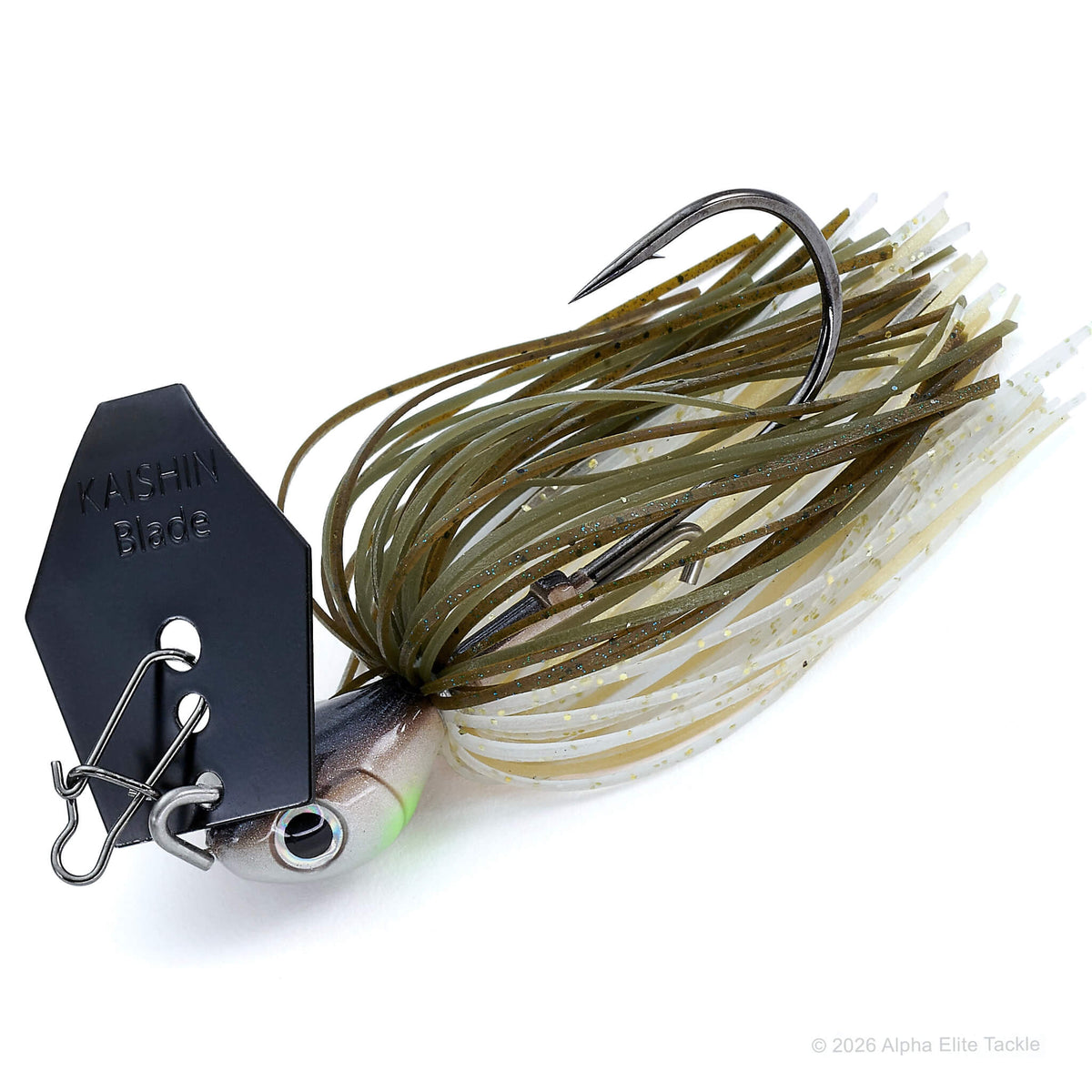 Noike Kaishin bladed jig with a black blade and a green pumpkin, tan, and clear white skirt