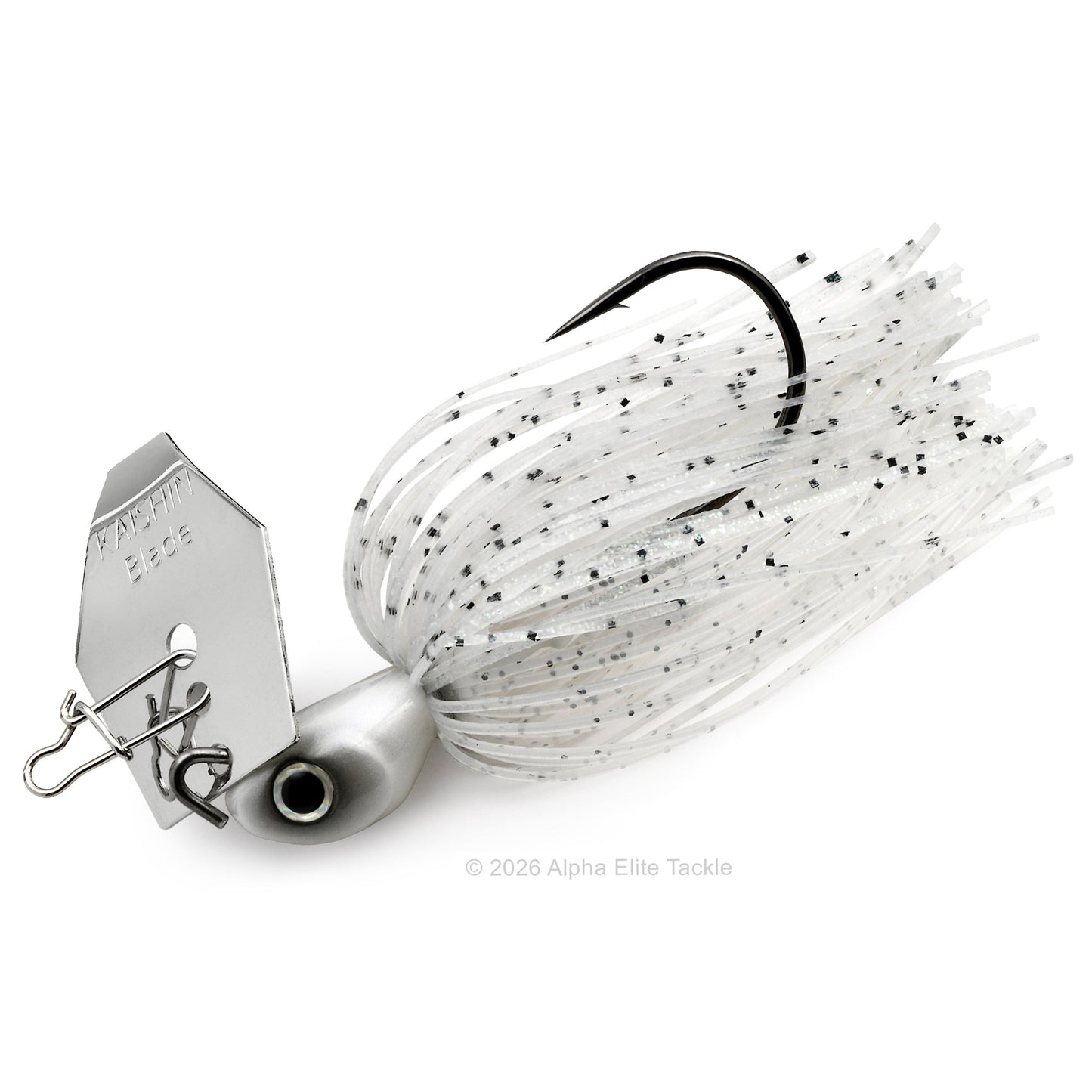 Close up of the Noike Kashin Blade Bladed Swim Jig in the color Clear White on a white background