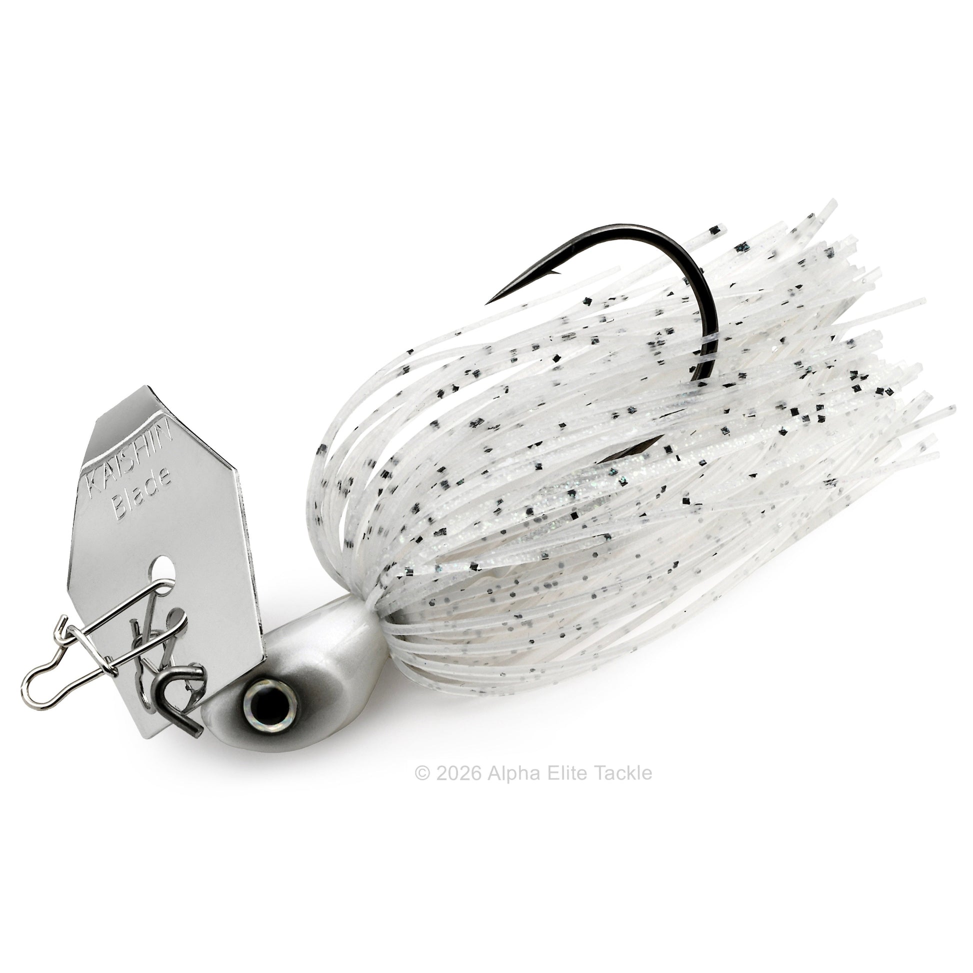 Close up of the Noike Kashin Blade Bladed Swim Jig in the color Clear White on a white background