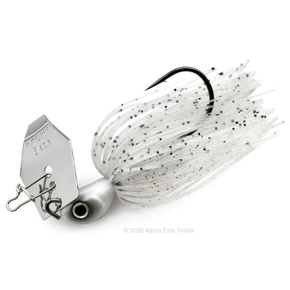 Close up of the Noike Kashin Blade Bladed Swim Jig in the color Clear White on a white background