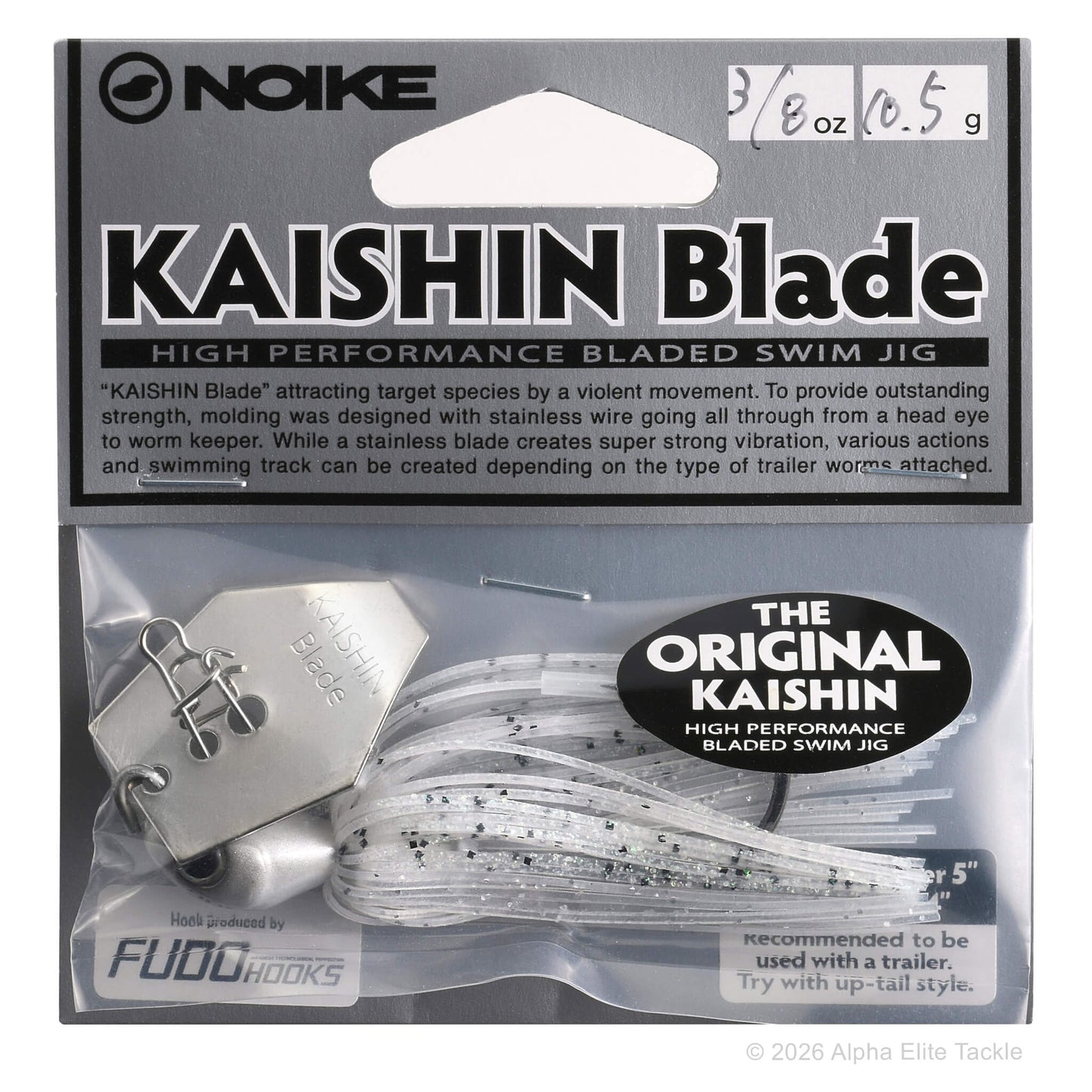 Close up of the Noike Kashin Blade Bladed Swim Jig in the color Clear White on a white background