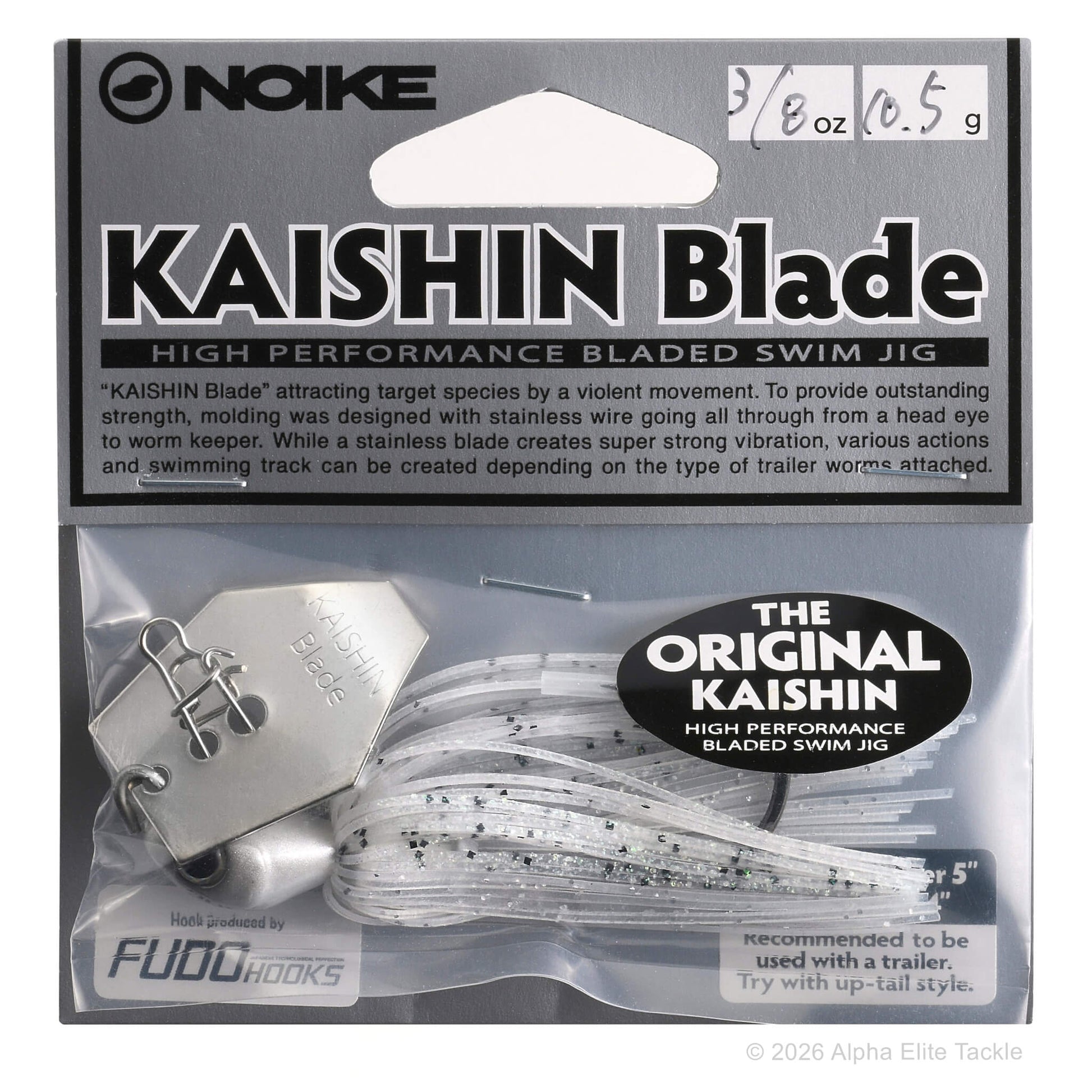 Close up of the Noike Kashin Blade Bladed Swim Jig in the color Clear White on a white background