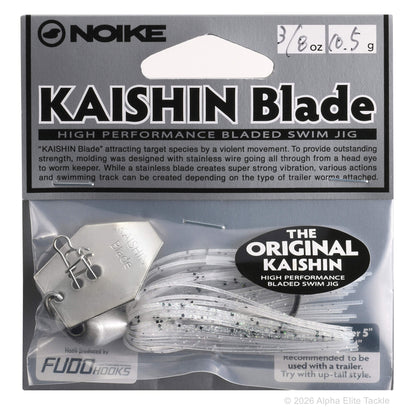 Close up of the Noike Kashin Blade Bladed Swim Jig in the color Clear White on a white background