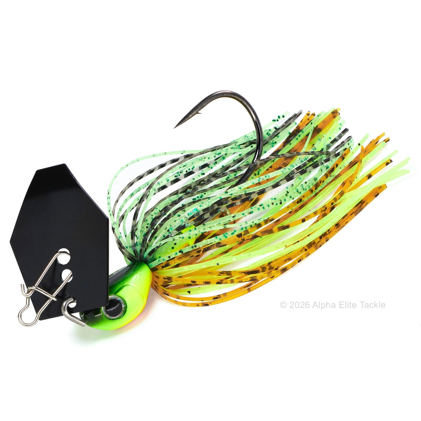 Close up of the Noike Kashin Blade Bladed Swim Jig in the color Fire Tiger on a white background
