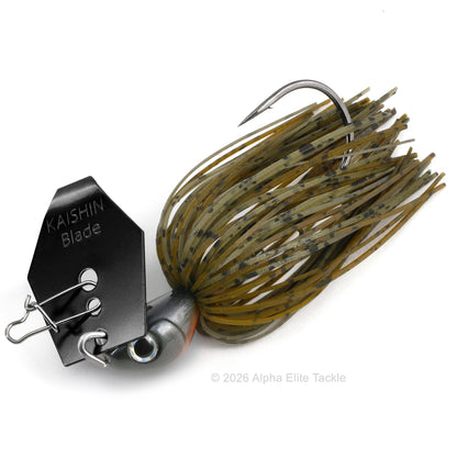 Close up of the Noike Kashin Blade Bladed Swim Jig in the color Green Pumpkin on a white background