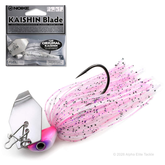 Close up of the Noike Kashin Blade Bladed Swim Jig in the color Pink Shad on a white background