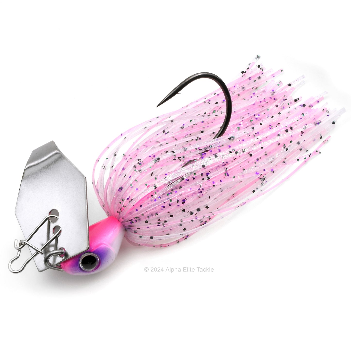Close up of the Noike Kashin Blade Bladed Swim Jig in the color Pink Shad on a white background