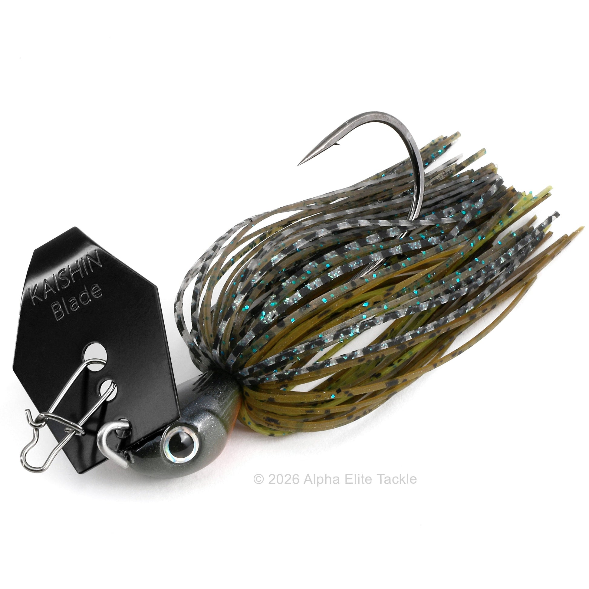 Close up of the Noike Kashin Blade Bladed Swim Jig in the color Zebra Bug on a white background