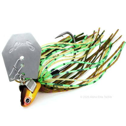 Close up of the Nories Hulachat bladed Jig in the color bone blue gill on a white background