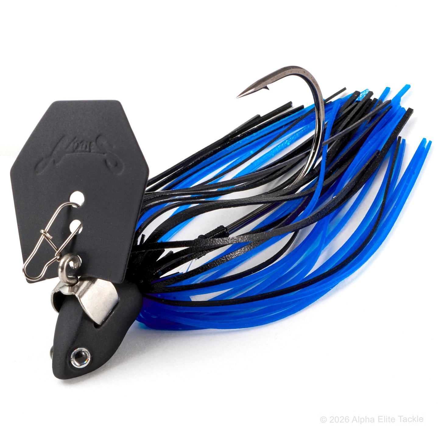 Nories Hula Chat bladed jig in the color blue black with a black blade and black and blue skirt