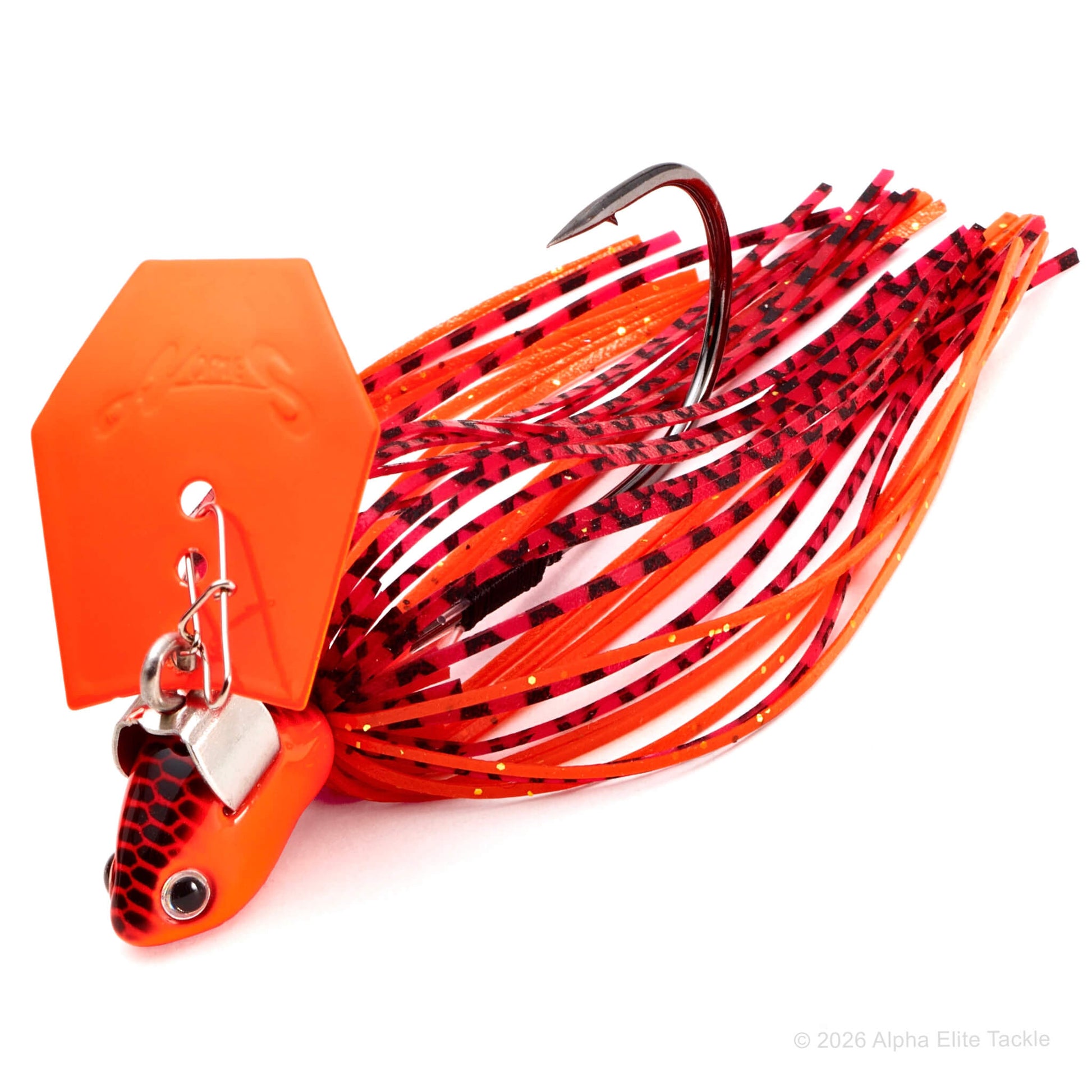 Nories Hula Chat bladed jig in the color orange crawdad with an orange black and an orange and black skirt