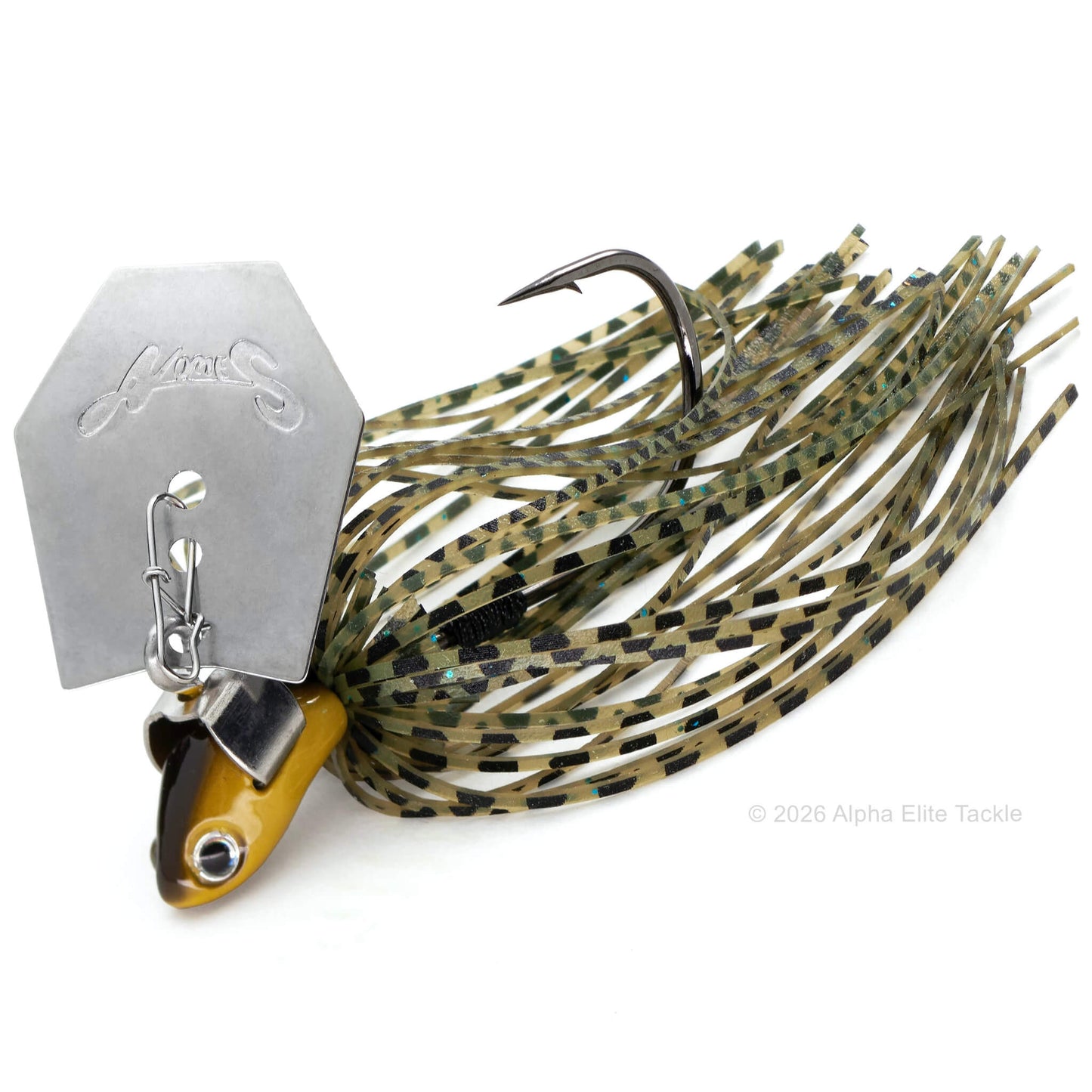 Fishing lure with a detailed hook and feathered body on a white background