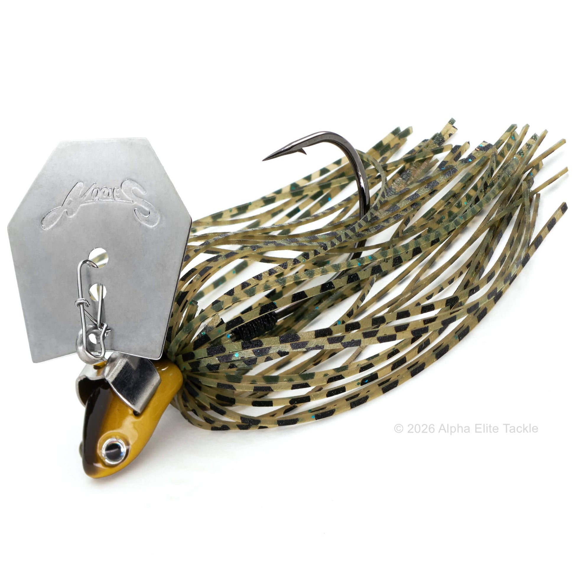 Fishing lure with a detailed hook and feathered body on a white background