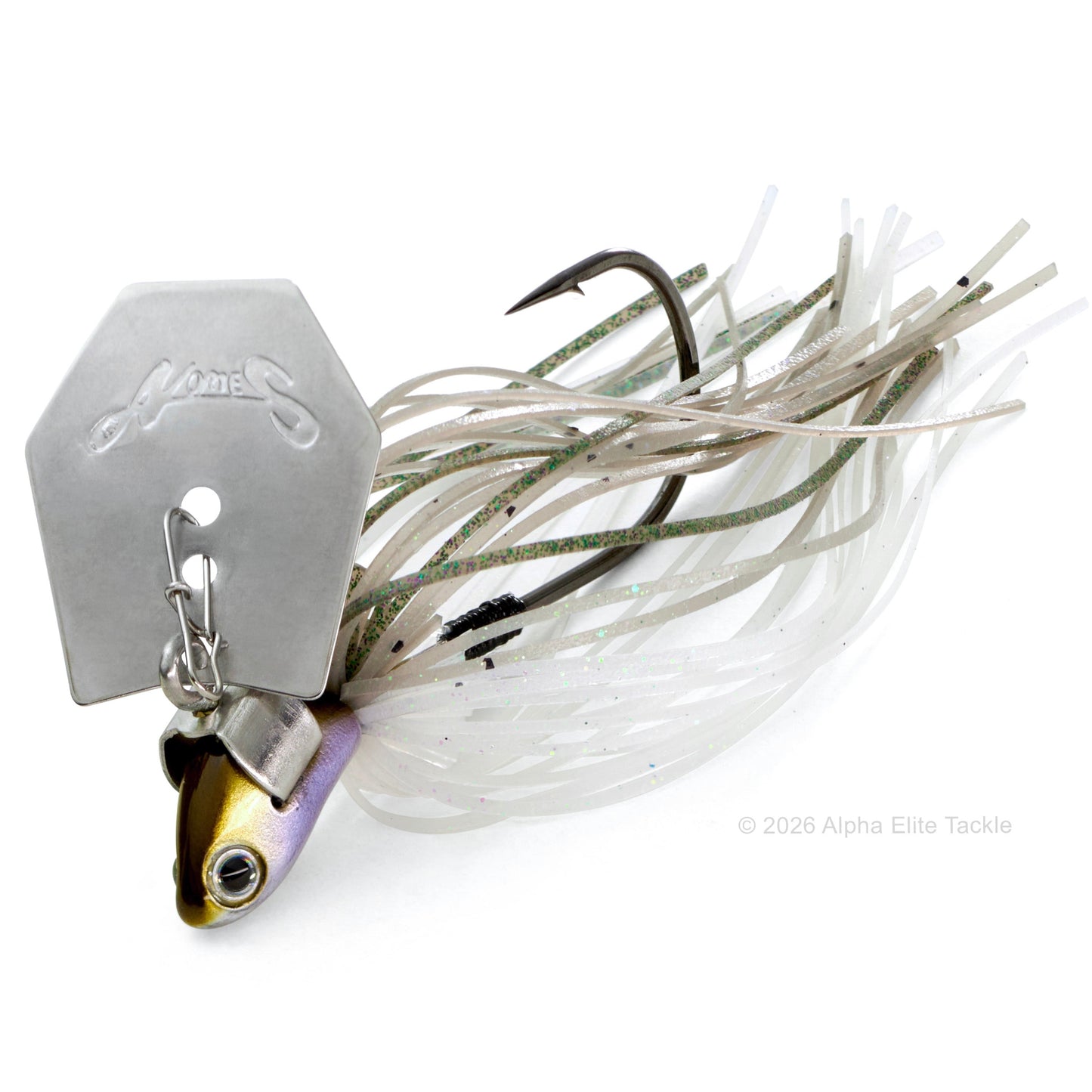 Fishing lure with a white skirt and metallic body on a white background