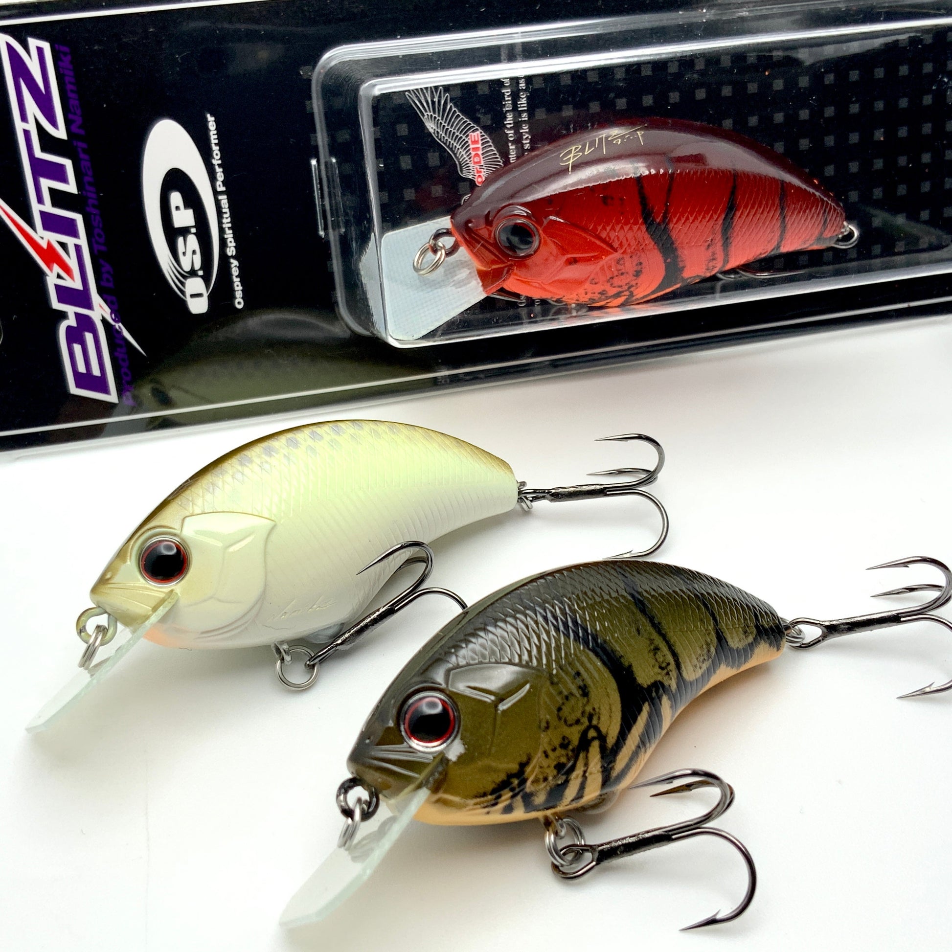 three OSP Blitz Squarebill Crankbaits on a white background