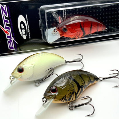 three OSP Blitz Squarebill Crankbaits on a white background