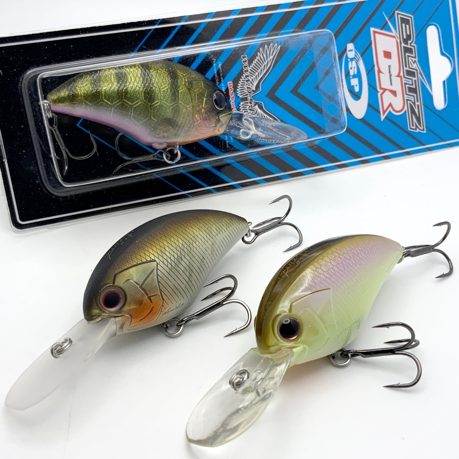 three OSP Blitz DR Crankbaits on a white background