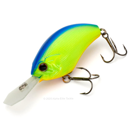 Yellow and blue fishing lure with treble hooks on a white background