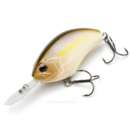 Fishing lure with a bone and yellow color scheme on a white background