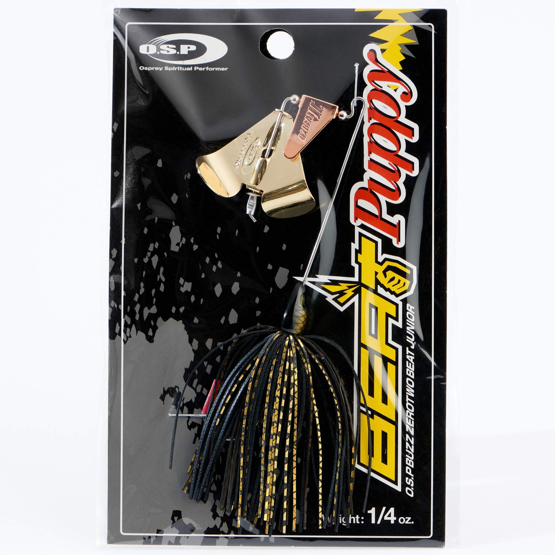 Close up of the OSP Buzz Zero Two Beat Junior Puppy Buzzbait in the color Black FL Gold on a white background
