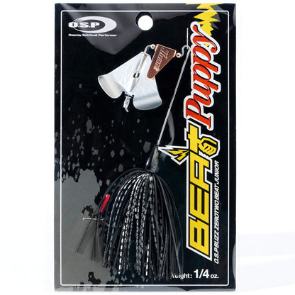 Close up of the OSP Buzz Zero Two Beat Junior Puppy Buzzbait in the color Black FL Silver on a white background
