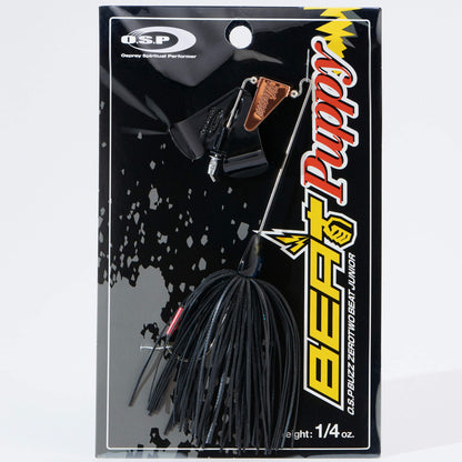 Close up of the OSP Buzz Zero Two Beat Junior Puppy Buzzbait in the color Define Black on a white background
