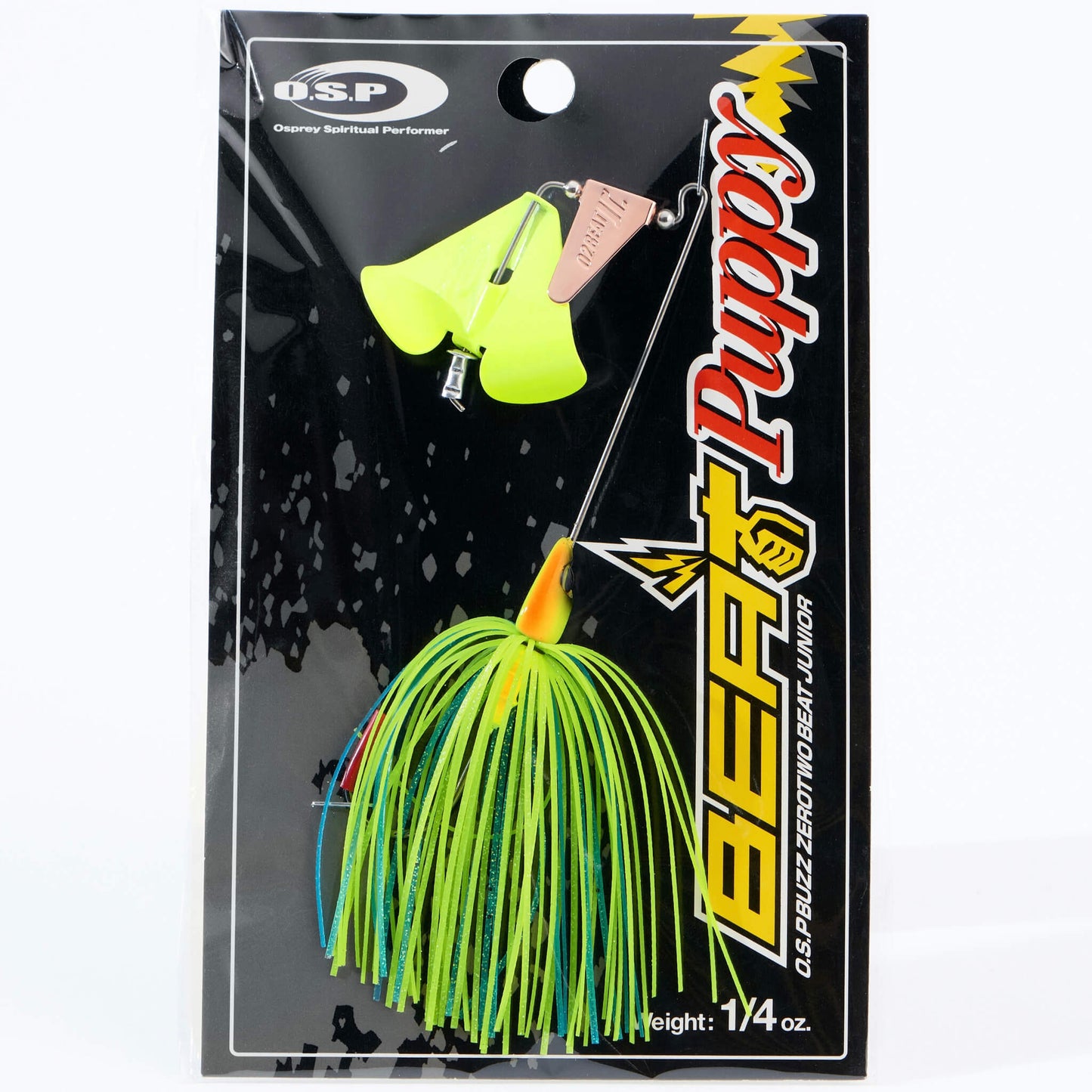 Close up of the OSP Buzz Zero Two Beat Junior Puppy Buzzbait in the color Blue Back Chart on a white background