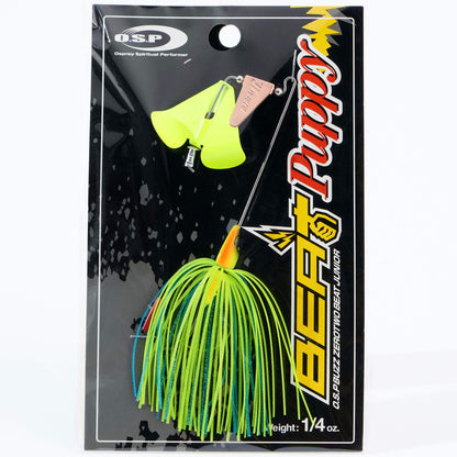 Close up of the OSP Buzz Zero Two Beat Junior Puppy Buzzbait in the color Blue Back Chart on a white background
