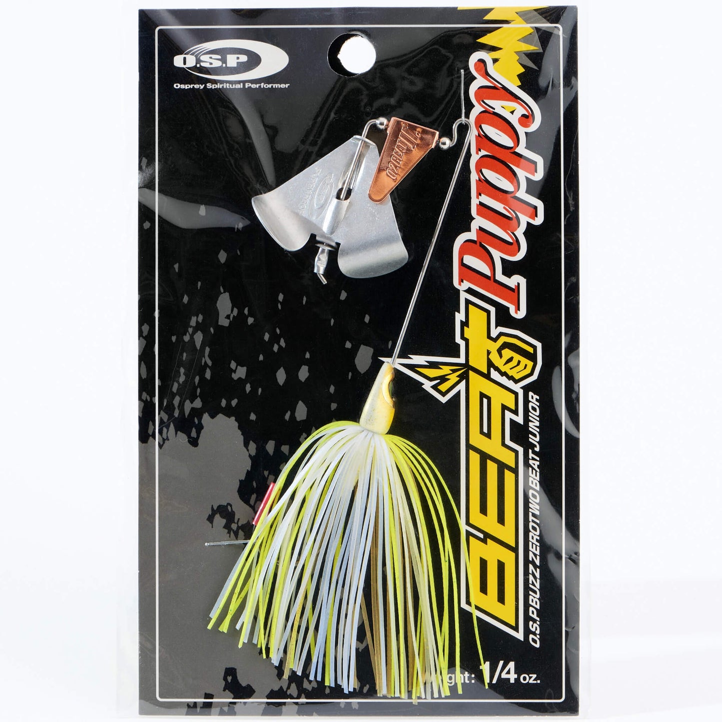 Close up of the OSP Buzz Zero Two Beat Junior Puppy Buzzbait in the color Chart Back Ayu on a white background