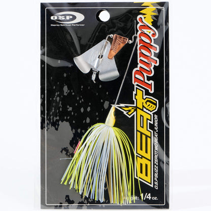 Close up of the OSP Buzz Zero Two Beat Junior Puppy Buzzbait in the color Chart Back Ayu on a white background