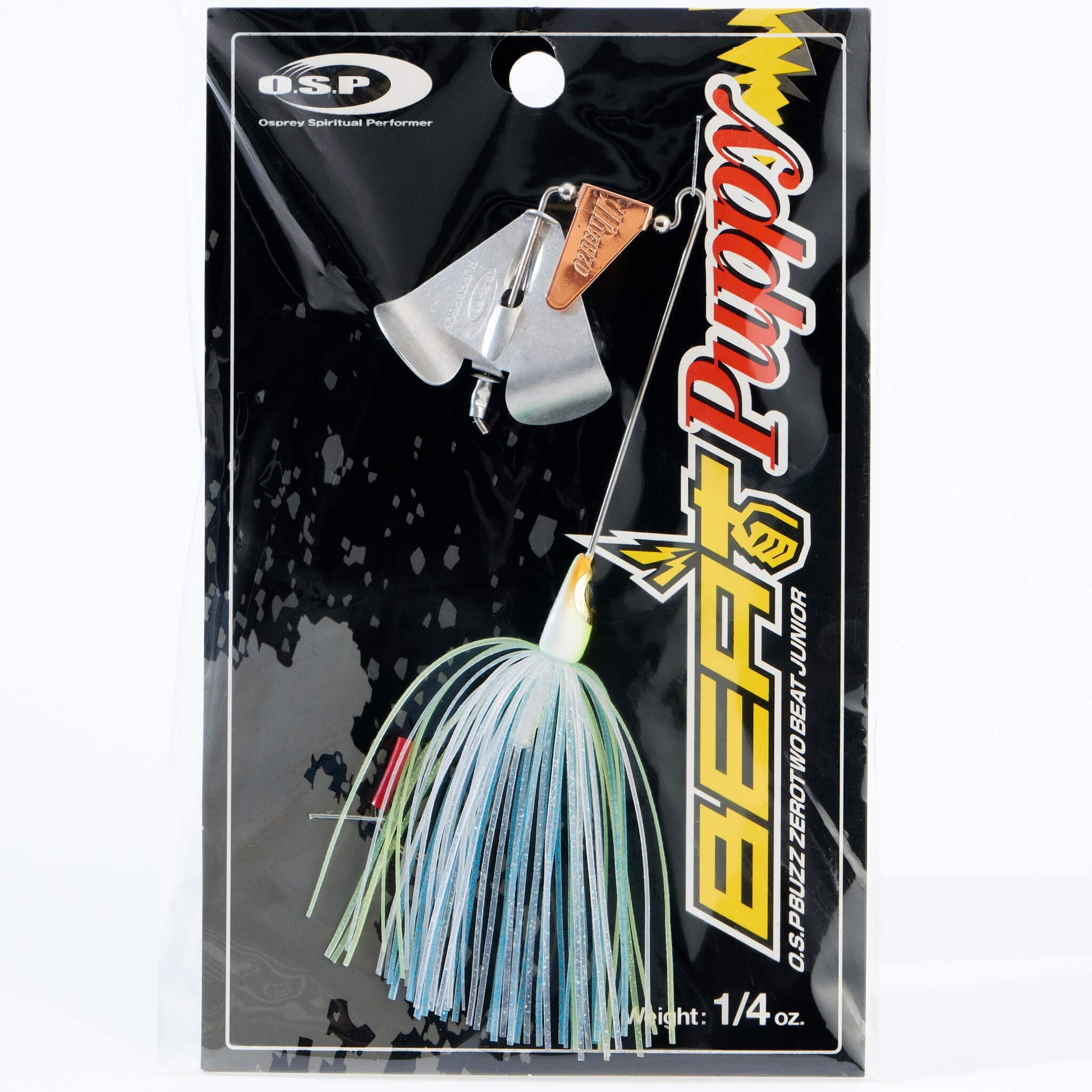 Close up of the OSP Buzz Zero Two Beat Junior Puppy Buzzbait in the color Ghost Chart Blue on a white background