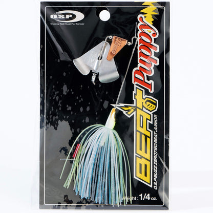 Close up of the OSP Buzz Zero Two Beat Junior Puppy Buzzbait in the color Ghost Chart Blue on a white background