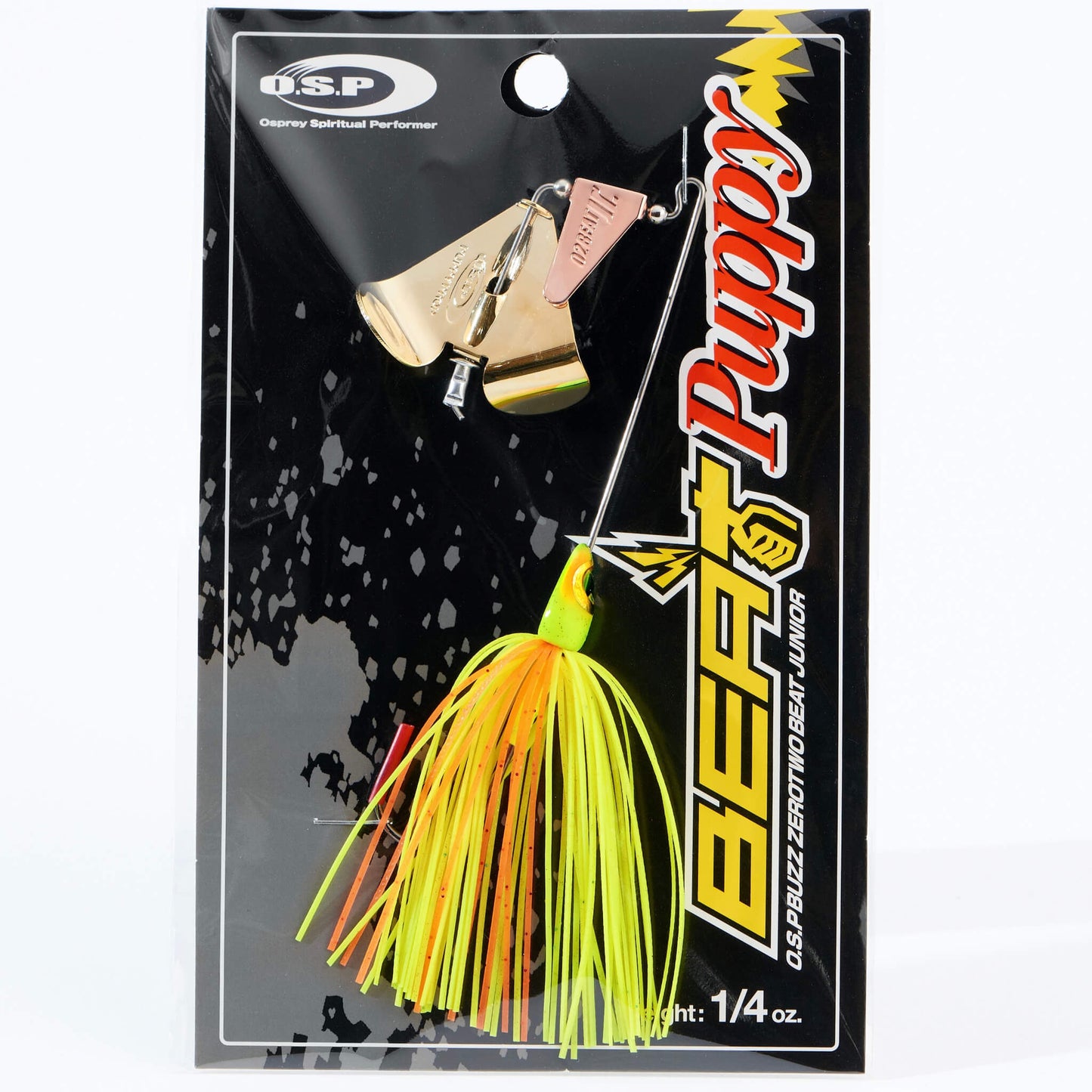 Close up of the OSP Buzz Zero Two Beat Junior Puppy Buzzbait in the color Impact Lime Chart on a white background